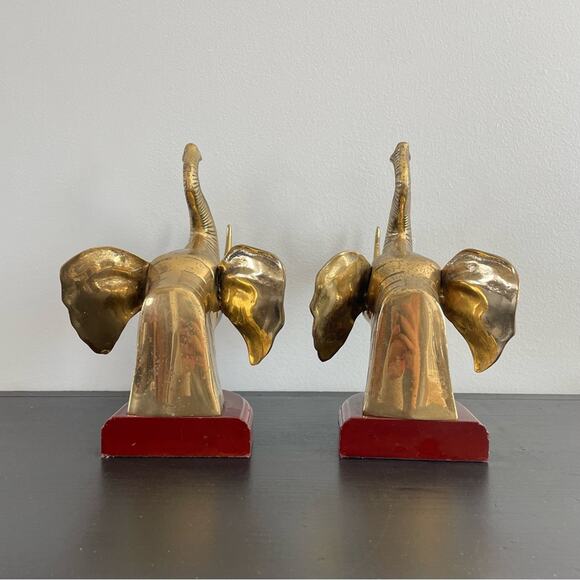 Vintage | Gold Brass Elephant Head & Wood Base Book Ends Pair Set Animal Design - Picture 7 of 7